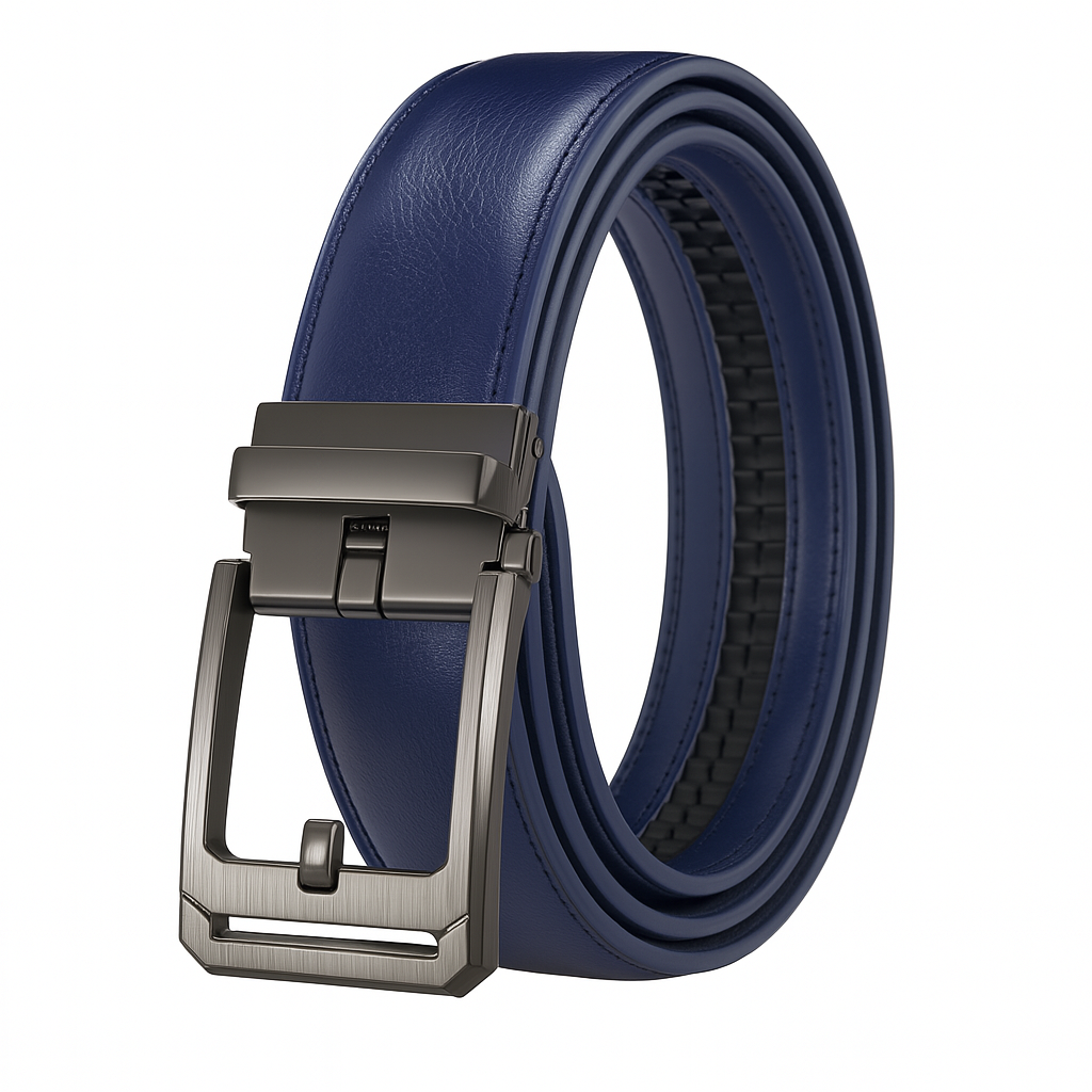 Blauwe leren riem zonder gaatjes – Automatische gesp