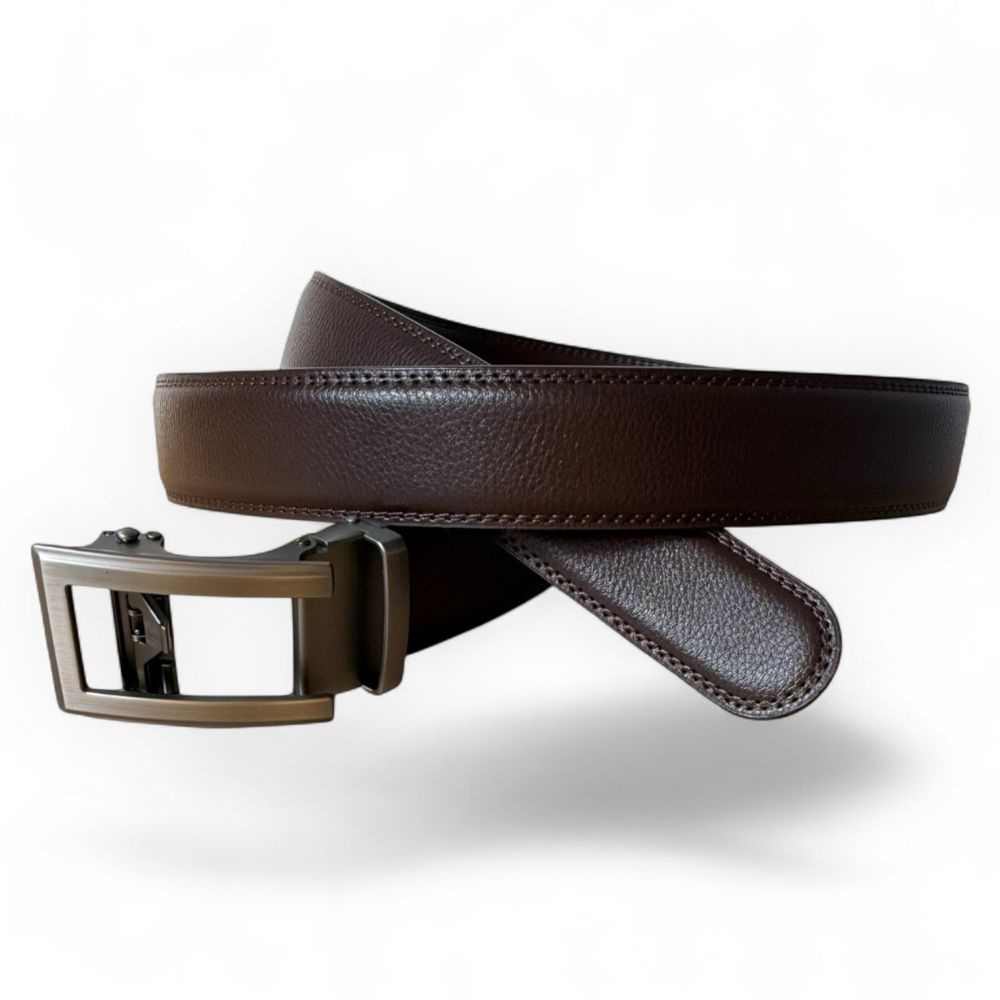 Donkerbruine Leren Riem Zonder Gaatjes – Automatische Ratchet-Gesp