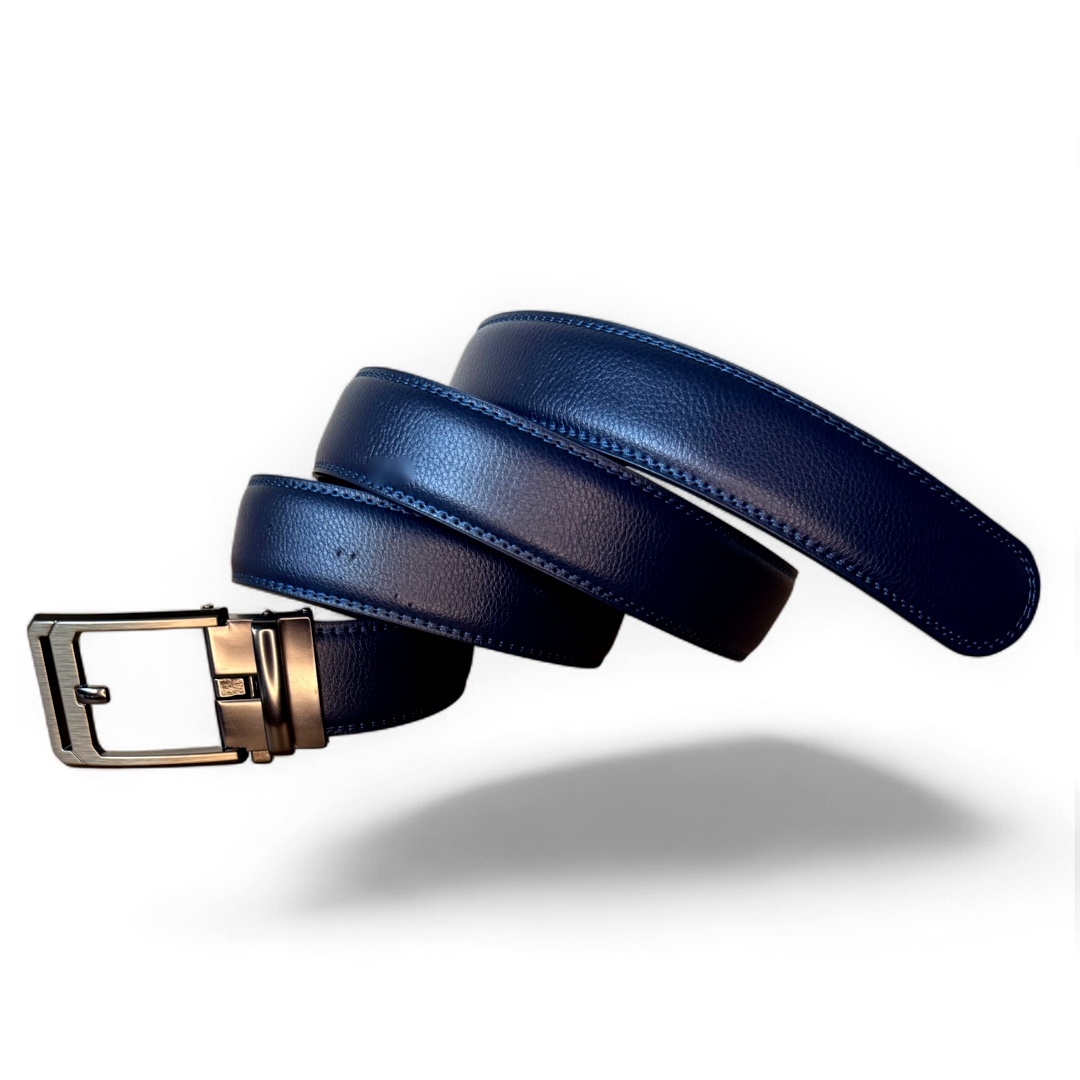 Donkerblauwe Leren Riem Zonder Gaatjes – Automatische Ratchet-Gesp